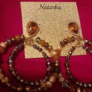 Vintage Natasha Couture Gold Amber Crystal Glass Bead Double Drop Hoop Earrings